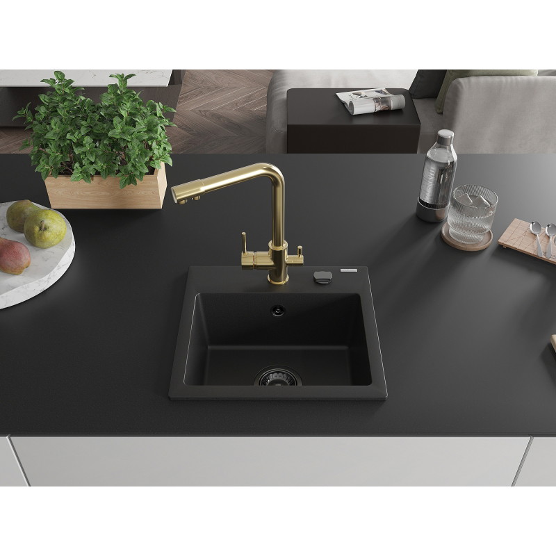 Mexen Milo granite sink 1-bowl with Duero kitchen faucet, black - 6505-77-671600-50-B