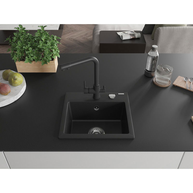 Mexen Milo granite sink 1-bowl with Duero kitchen tap, black - 6505-77-671600-70