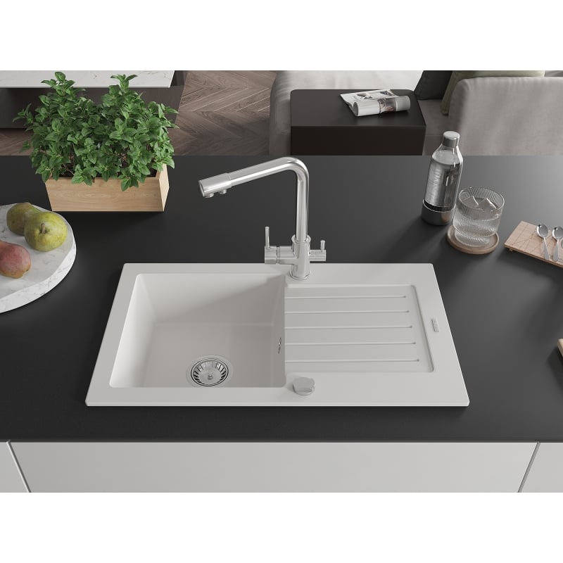 Mexen Pablo granite sink 1-bowl with drainer and Duero kitchen faucet, white - 6510-20-671600-00