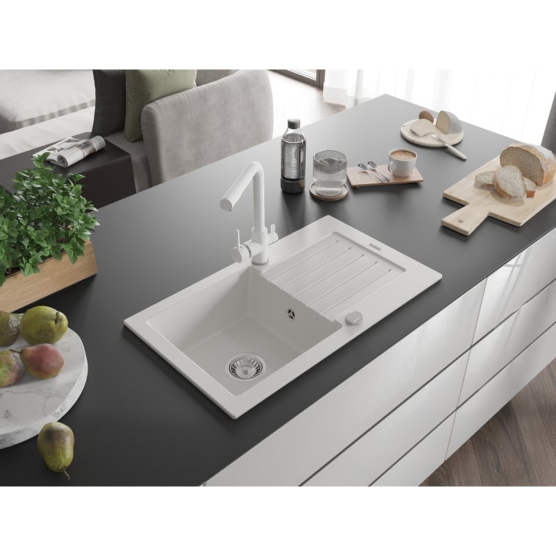 Mexen Pablo granite single-bowl sink with drainer and Duero kitchen faucet, white - 6510-20-671600-20