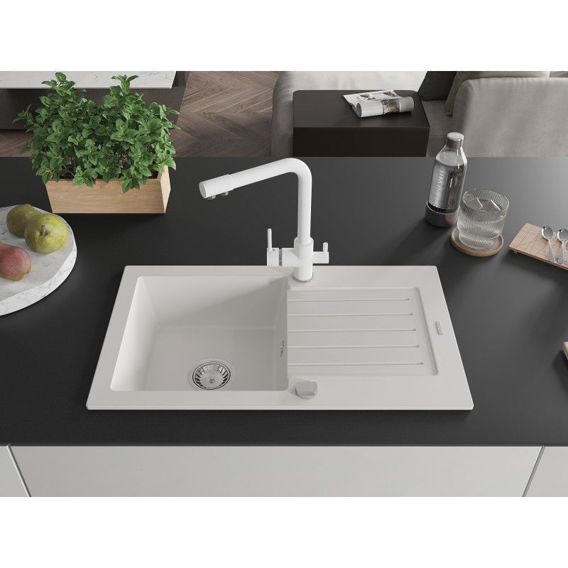 Mexen Pablo granite kitchen sink 1-bowl with drainer and Duero kitchen tap, white - 6510-20-671600-20
