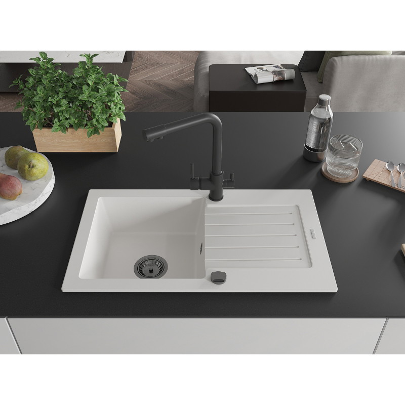 Mexen Pablo 1-Bowl Granite Sink with Drainer and Duero Kitchen Faucet, White - 6510-20-671600-70
