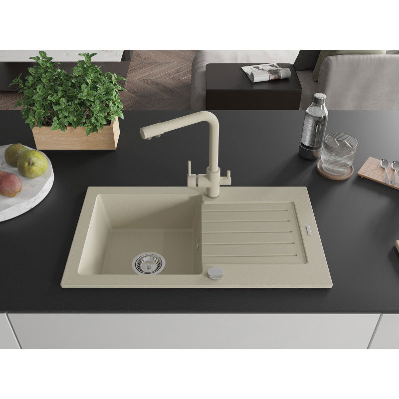 Mexen Pablo 1-bowl granite kitchen sink with drainer and Duero kitchen tap, beige - 6510-69-671600-69