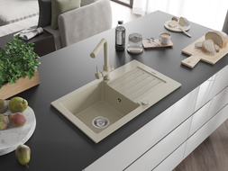 Mexen Pablo Duero 1-Bowl Granite Sink with Drainer and Kitchen Faucet, Beige - 6510-69-671600-69