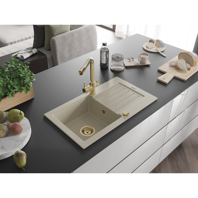 Mexen Pablo 1-bowl granite sink with drainer and Duero kitchen faucet, beige - 6510-69-671600-50