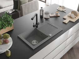 Mexen Pablo granite sink 1-bowl with drainer and kitchen faucet Duero, gray - 6510-71-671600-70