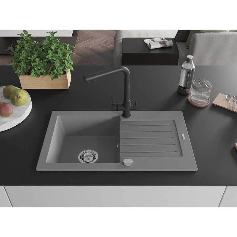 Mexen Pablo Duero single-bowl granite sink with drainer and kitchen faucet, gray - 6510-71-671600-70