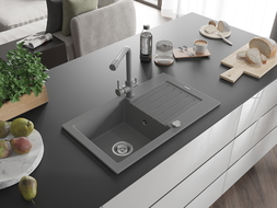 Mexen Pablo 1-compartment granite sink with a drip tray and kitchen mixer tap Duero, Grey - 6510-71-671600-71