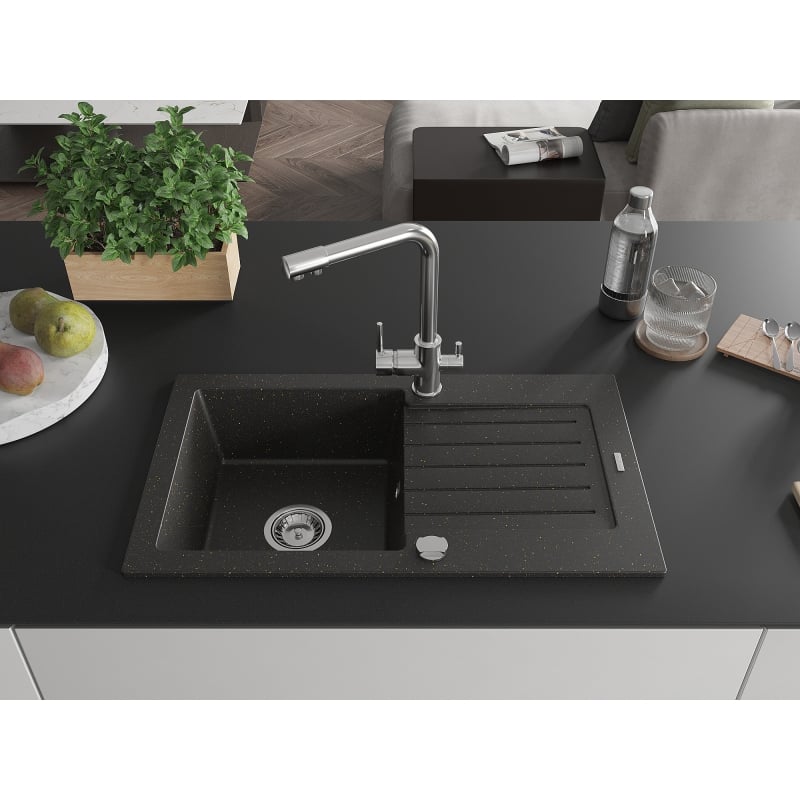 Mexen Pablo 1-bowl granite sink with drainer and kitchen faucet Duero, black/gold metallic - 6510-75-671600-00