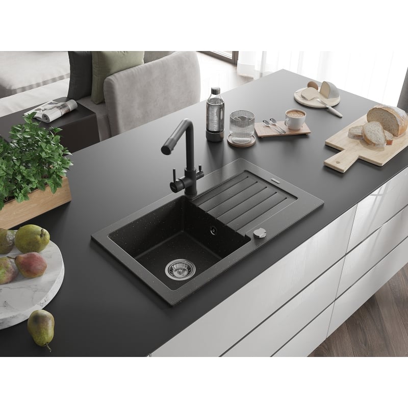 Mexen Pablo granite kitchen sink 1-bowl with drainer and Duero kitchen faucet, black/gold metallic - 6510-75-671600-70