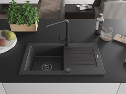 Mexen Pablo single-bowl granite sink with drainer and kitchen faucet Duero, speckled black - 6510-76-671600-70-B