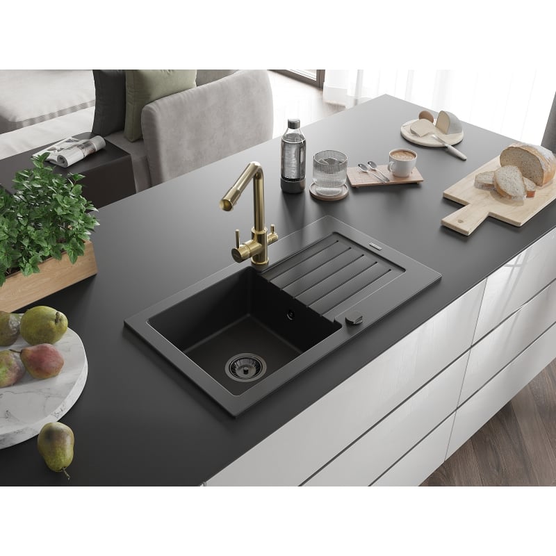 Mexen Pablo single-bowl granite sink with drainer and Duero kitchen faucet, black - 6510-77-671600-50-B