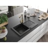 Mexen Pablo single-bowl granite sink with drainer and Duero kitchen faucet, black - 6510-77-671600-50-B