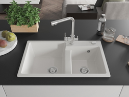 Mexen Tomas 2-bowl granite sink with Duero kitchen tap, white - 6516-20-671600-00
