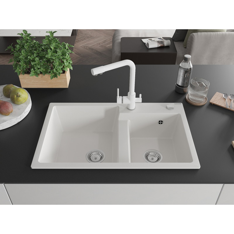 Mexen Tomas granite 2-bowl kitchen sink with Duero kitchen faucet, white - 6516-20-671600-20
