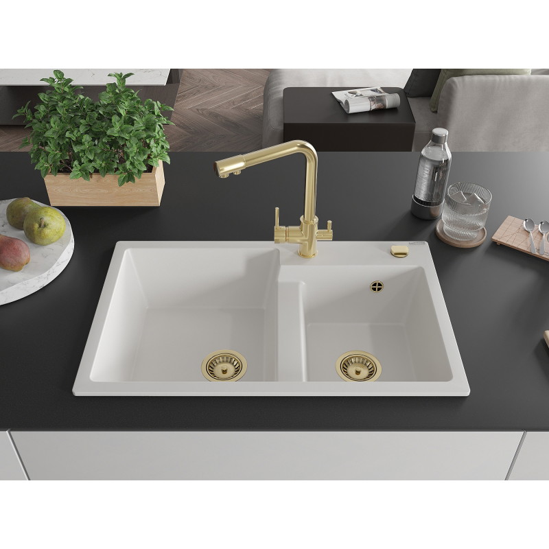 Mexen Tomas 2-compartment granite sink with Duero kitchen faucet, white - 6516-20-671600-50