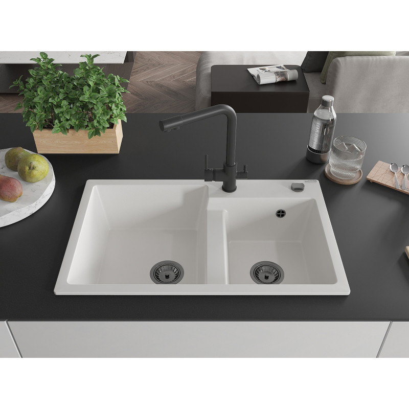 Mexen Tomas 2-compartment granite sink with Duero kitchen faucet, white - 6516-20-671600-70