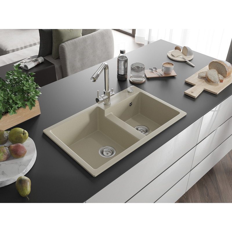 Mexen Tomas granite sink 2-chamber with Duero kitchen faucet, beige - 6516-69-671600-00