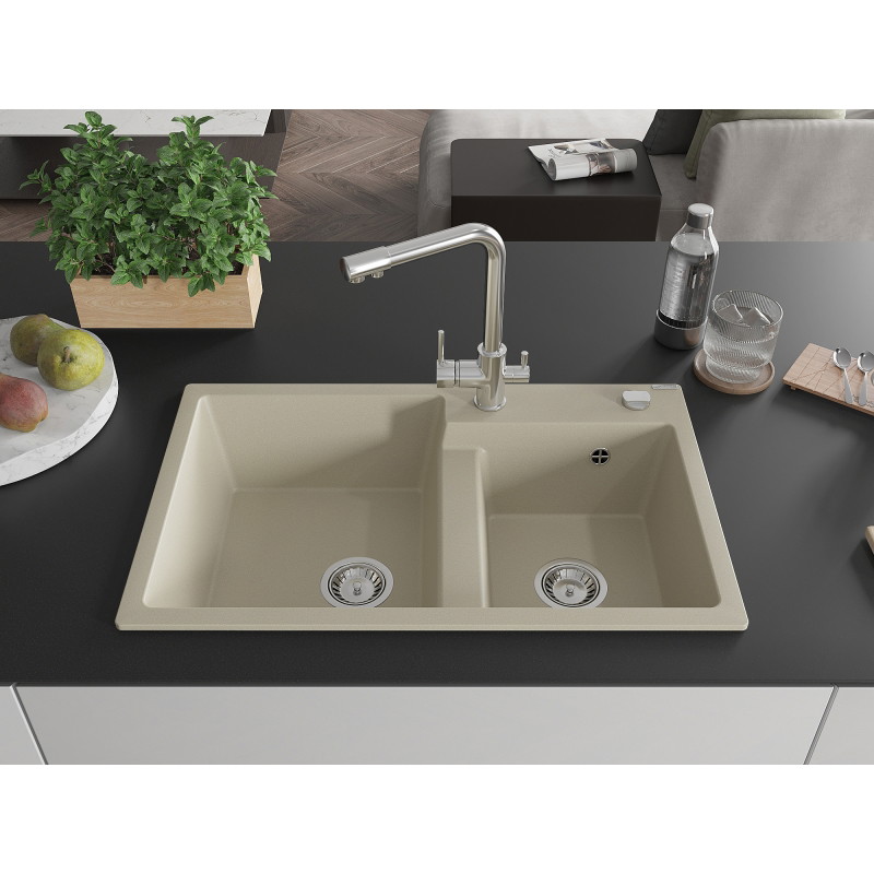 Mexen Tomas granite sink 2-chamber with Duero kitchen faucet, beige - 6516-69-671600-00