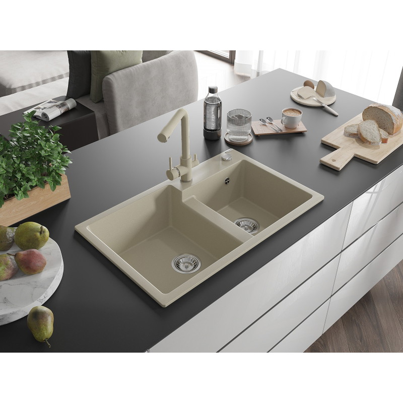 Mexen Tomas granite 2-bowl kitchen sink with Duero faucet, beige - 6516-69-671600-69