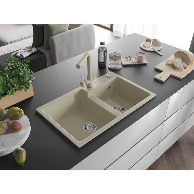 Mexen Tomas granite 2-bowl sink with Duero kitchen tap, beige - 6516-69-671600-69
