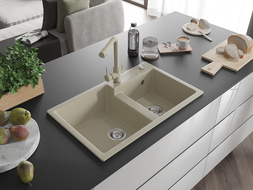 Mexen Tomas granite 2-bowl sink with Duero kitchen tap, beige - 6516-69-671600-69
