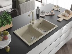 Mexen Tomas granite double-bowl kitchen sink with Duero faucet, beige - 6516-69-671600-69