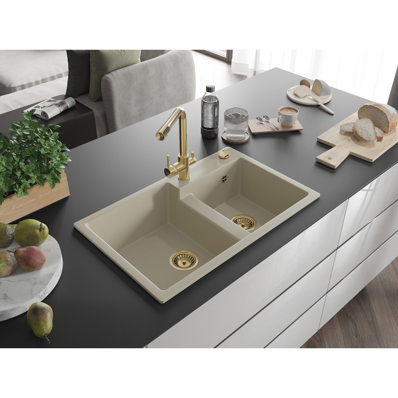 Mexen Tomas 2-bowl granite sink with Duero kitchen faucet, beige - 6516-69-671600-50