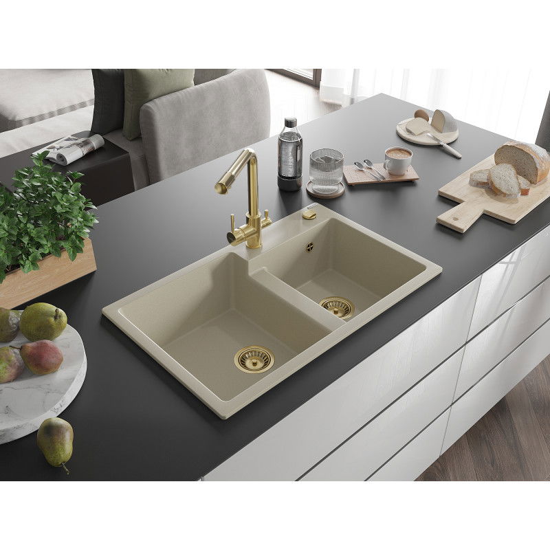Mexen Tomas granite sink 2-chamber with Duero kitchen tap, beige - 6516-69-671600-50