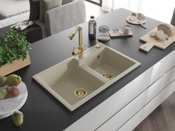 Mexen Tomas 2-bowl granite sink with Duero kitchen faucet, beige - 6516-69-671600-50