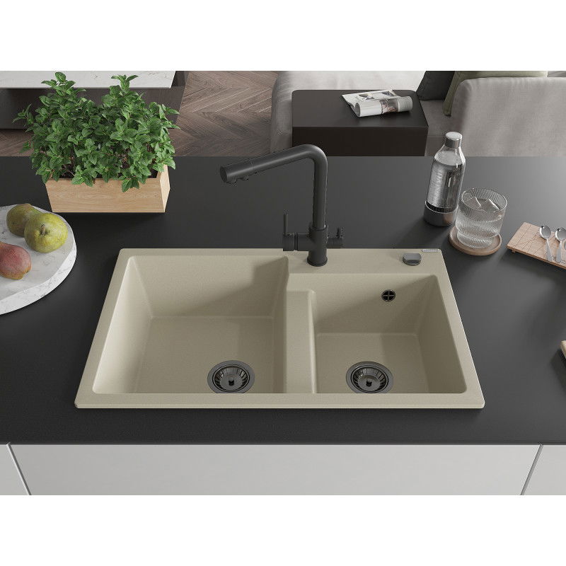 Mexen Tomas granite sink with 2 compartments and Duero kitchen tap, beige - 6516-69-671600-70