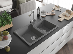 Mexen Tomas 2-compartment granite sink with a kitchen mixer tap Duero, Grey - 6516-71-671600-00