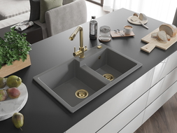 Mexen Tomas granite 2-bowl kitchen sink with Duero tap, grey - 6516-71-671600-50