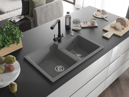 Mexen Tomas 2-Bowl Granite Sink with Duero Kitchen Faucet, Gray - 6516-71-671600-70