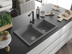 Mexen Tomas 2-Bowl Granite Sink with Duero Kitchen Mixer Tap, Grey - 6516-71-671600-70