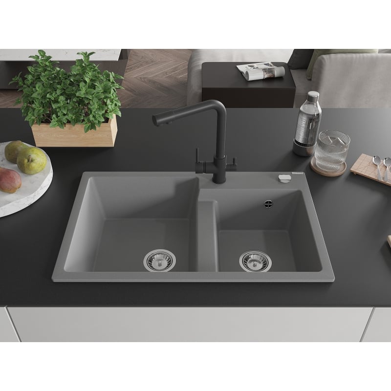 Mexen Tomas granite double-bowl sink with Duero kitchen faucet, gray - 6516-71-671600-70