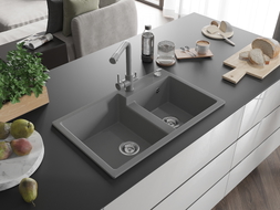 Mexen Tomas granite double-bowl sink with Duero kitchen faucet, gray - 6516-71-671600-71