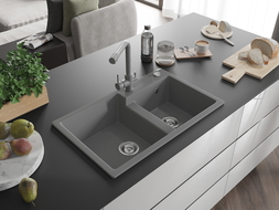 Mexen Tomas granite sink 2-bowl with Duero kitchen tap, grey - 6516-71-671600-71