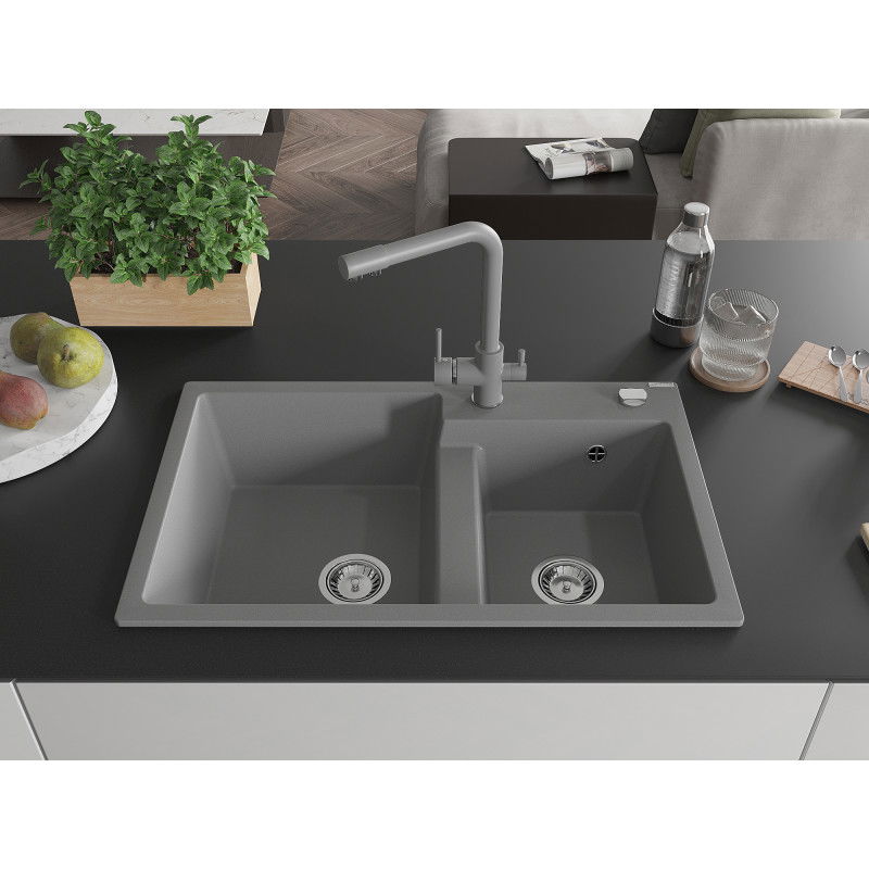 Mexen Tomas granite sink 2-bowl with Duero kitchen tap, grey - 6516-71-671600-71