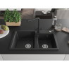 Mexen Tomas granite sink 2-bowl with Duero kitchen faucet, black/silver metallic - 6516-73-671600-70