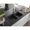 Mexen Tomas 2-bowl granite sink with Duero kitchen faucet, black/silver metallic - 6516-73-671600-70-B
