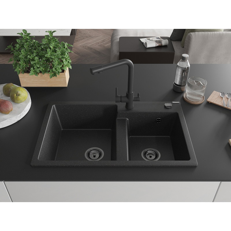 Mexen Tomas granite double-bowl kitchen sink with Duero faucet, black/silver metallic - 6516-73-671600-70-B