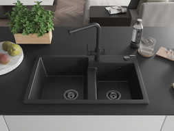 Mexen Tomas 2-bowl granite sink with Duero kitchen faucet, black/silver metallic - 6516-73-671600-70-B