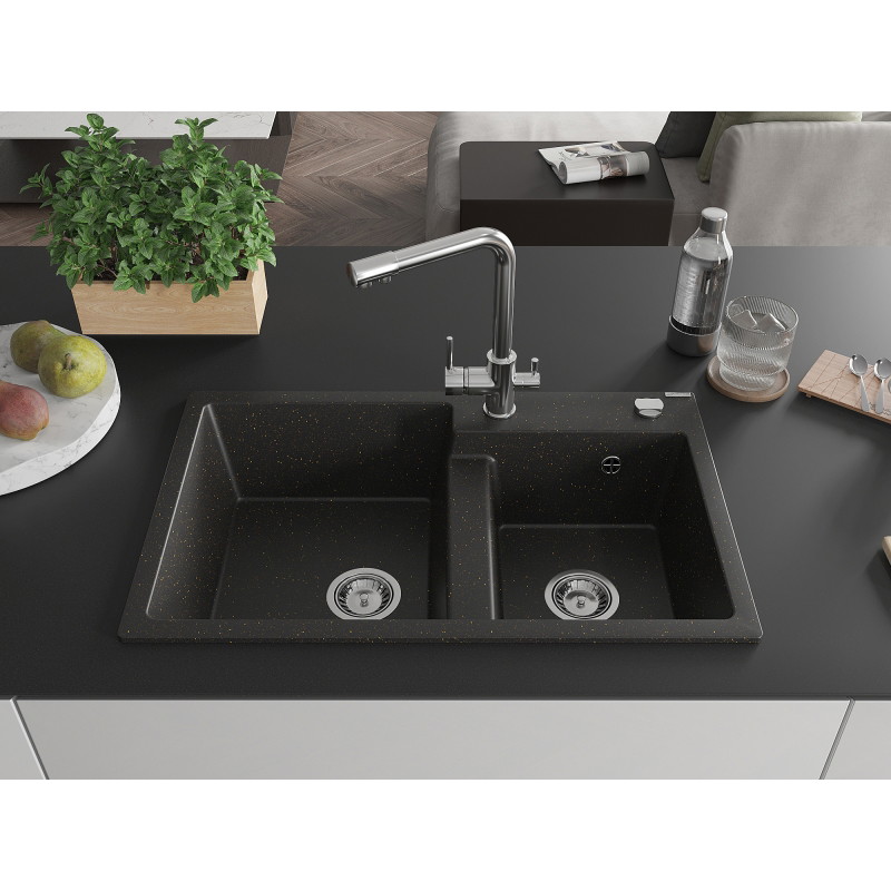 Mexen Tomas granite double-bowl sink with Duero kitchen faucet, black/gold metallic - 6516-75-671600-00