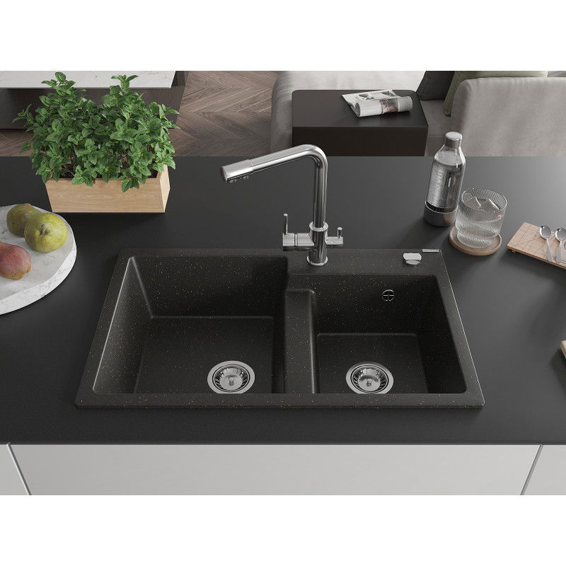 Mexen Tomas granite kitchen sink 2-bowl with Duero kitchen tap, black/gold metallic - 6516-75-671600-00
