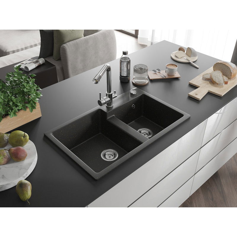 Mexen Tomas granite kitchen sink 2-bowl with Duero kitchen tap, black/gold metallic - 6516-75-671600-00