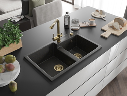 Mexen Tomas 2-bowl granite sink with Duero kitchen tap, black/gold metallic - 6516-75-671600-50