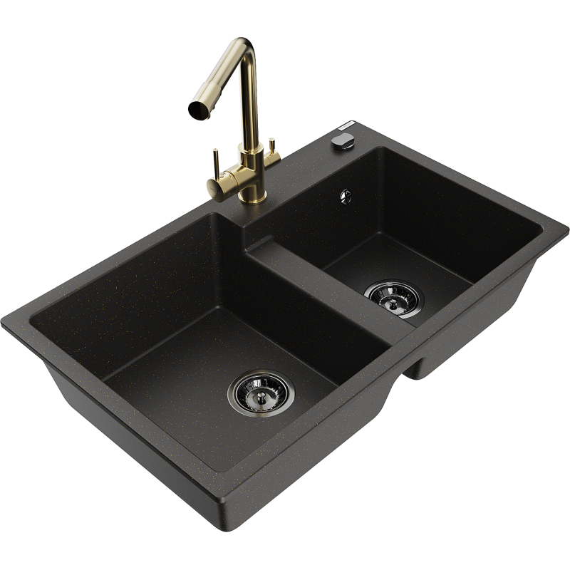 Mexen Tomas granite sink 2-bowl with Duero kitchen tap, black/gold metallic - 6516-75-671600-50-B