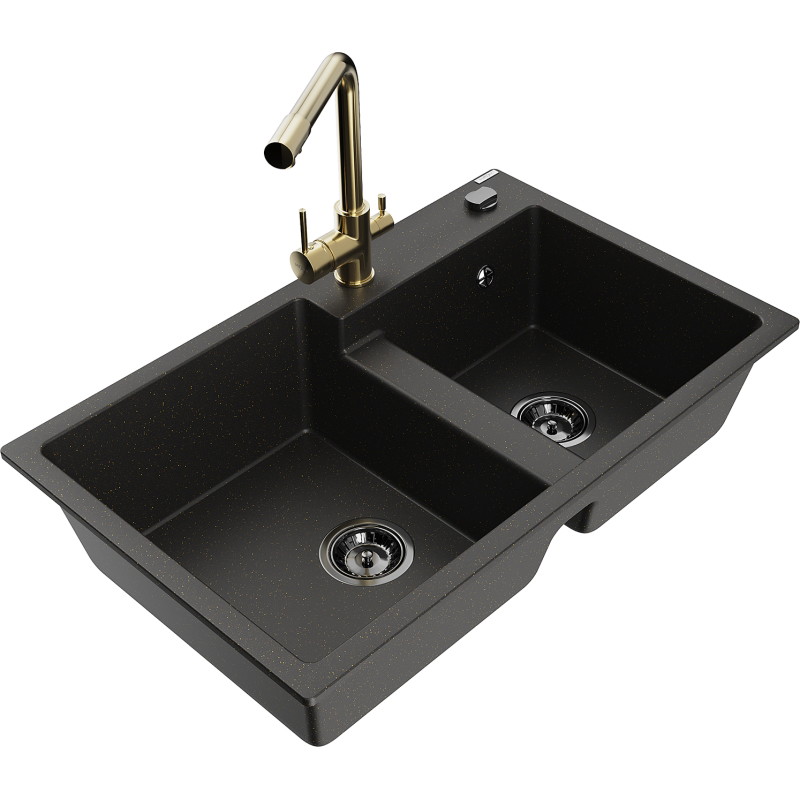 Mexen Tomas granite sink 2-chamber with Duero kitchen faucet, black/golden metallic - 6516-75-671600-50-B