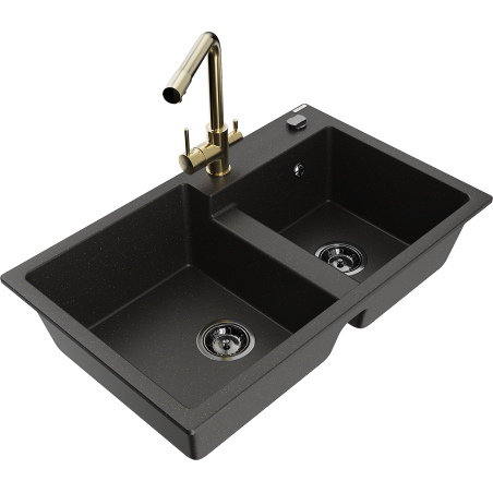 Mexen Tomas granite sink 2-chamber with Duero kitchen faucet, black/golden metallic - 6516-75-671600-50-B